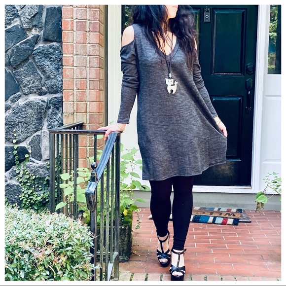 CHARCOAL TWEED V NECK COLD SHOULDER TUNIC DRESS - Picture 4 of 9